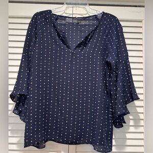 ZAC & RACHEL— Size S, Sheer Navy w/ White Polka Dots, & Flutter Bell Sleeves